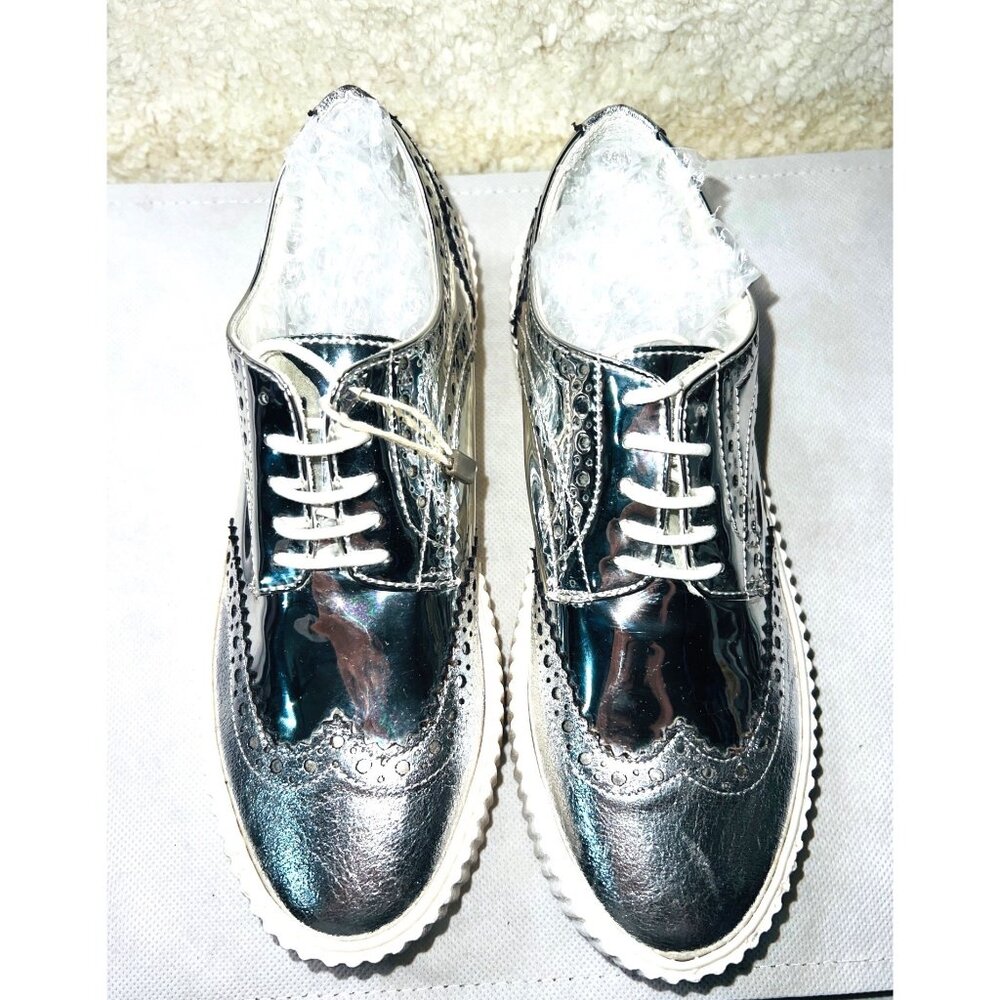 George J. Love Silver and White Platform Brogues For Women Shoe Size 6.5M (37) - Picture 1 of 6